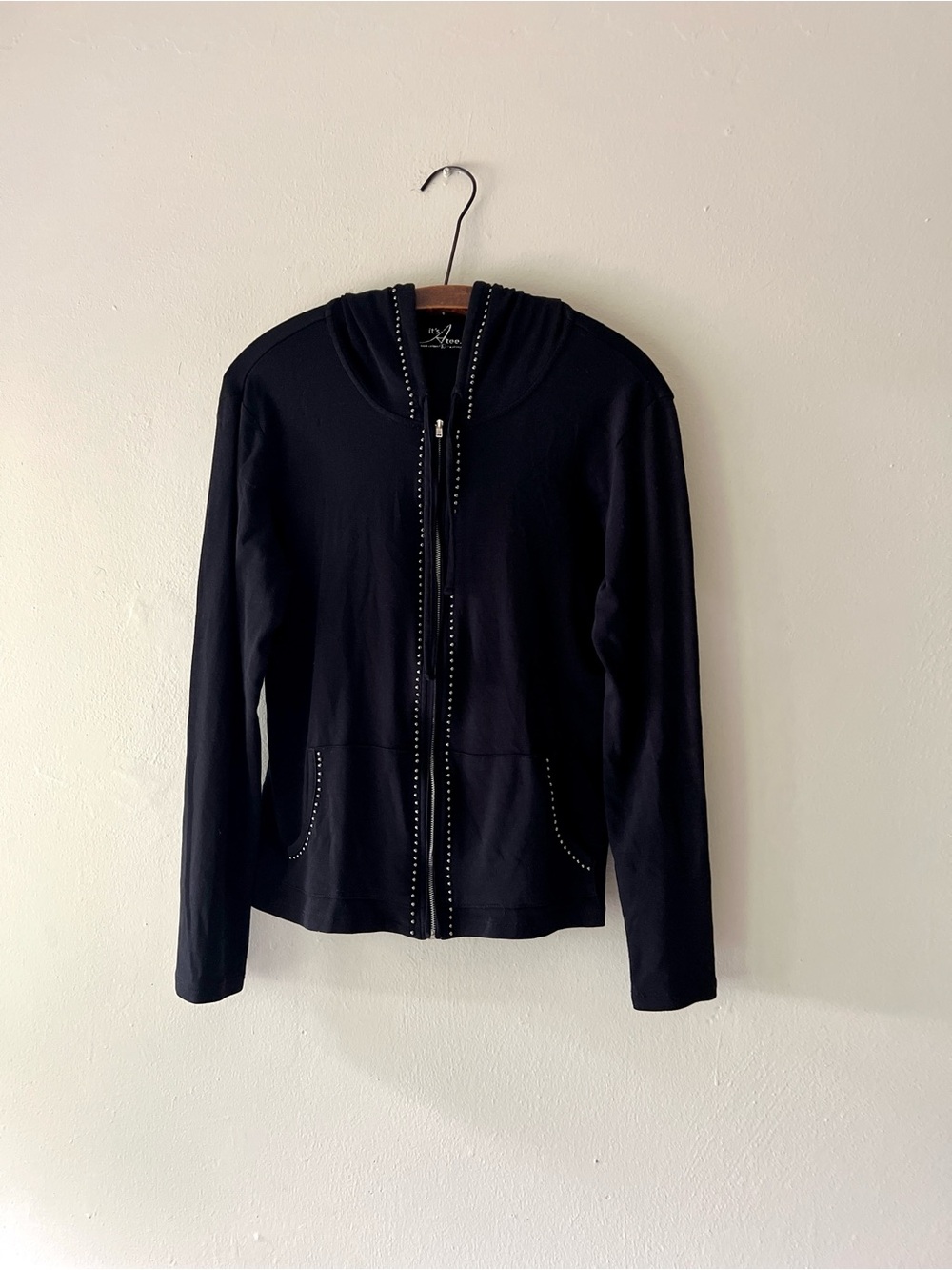 Vintage Pima Cotton Women’s Black Zip Hoodie with Punky Silver Stud Trim
